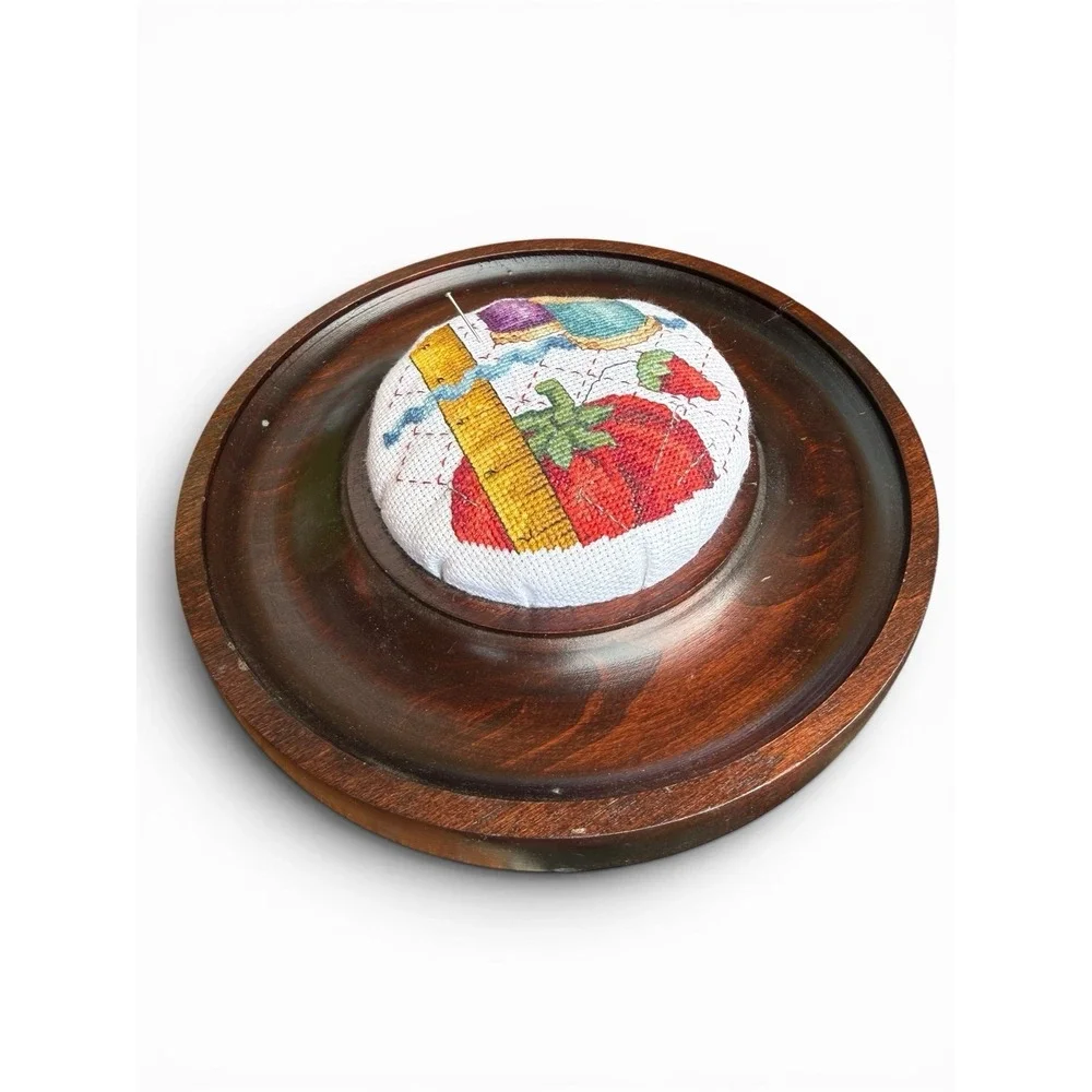 Vintage SUDBERRY House Mahogany Cross Stitched Pincushion Tray